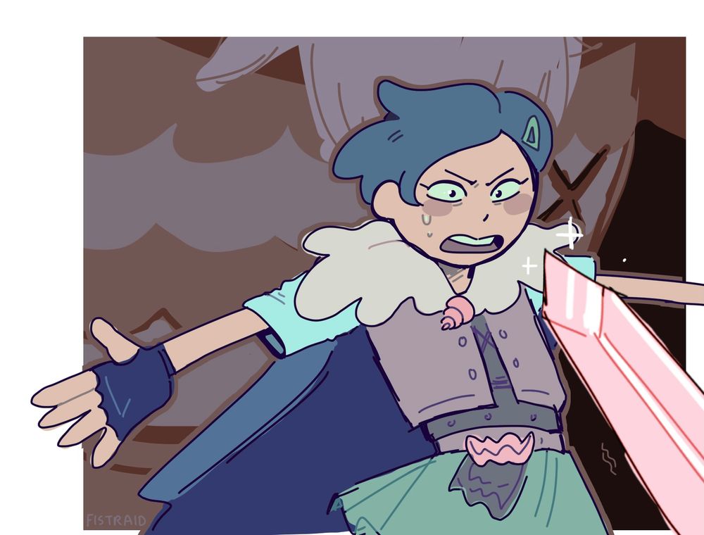 marcy, in front of sasha's sword, protecting andrias behind her