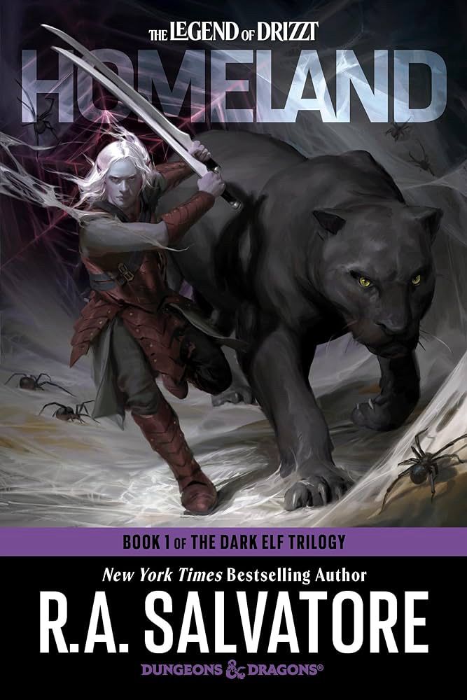 Book cover. A dark elf holding a scimitar in each hand accompanied by a panther like creature.