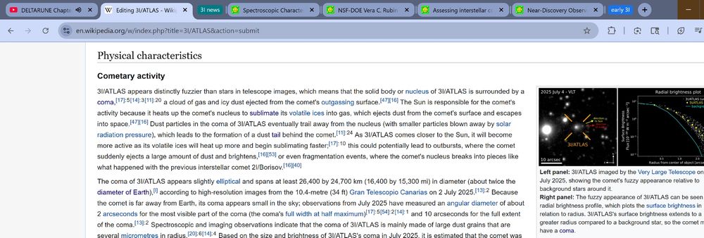 A screenshot of my browser page, showing the Wikipedia page of 3I/ATLAS with a sick new plot that I made (uses VLT image and Seligman et al. 2025 figures!). There's a bunch of open tabs for arXiv papers on 3I/ATLAS, which I've been using to cite stuff for Wikipedia.
