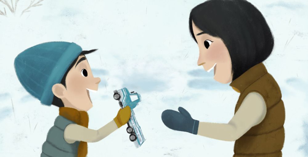 A child and his mother interacting in the snow.