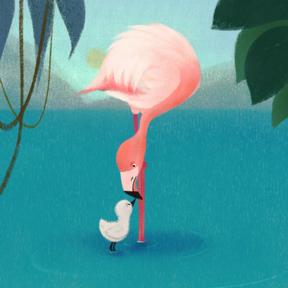 Flamingos in the water, kissing on each beak.
