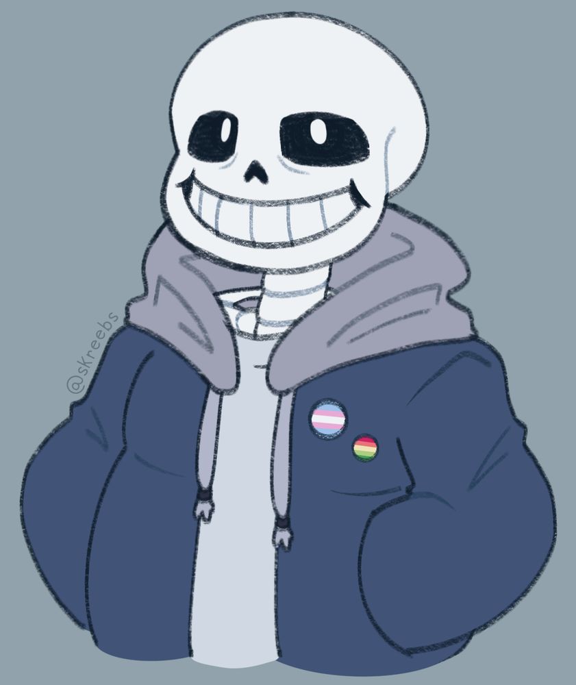 Digital art of Sans with trans and aroflux pins and his hands in his pockets 