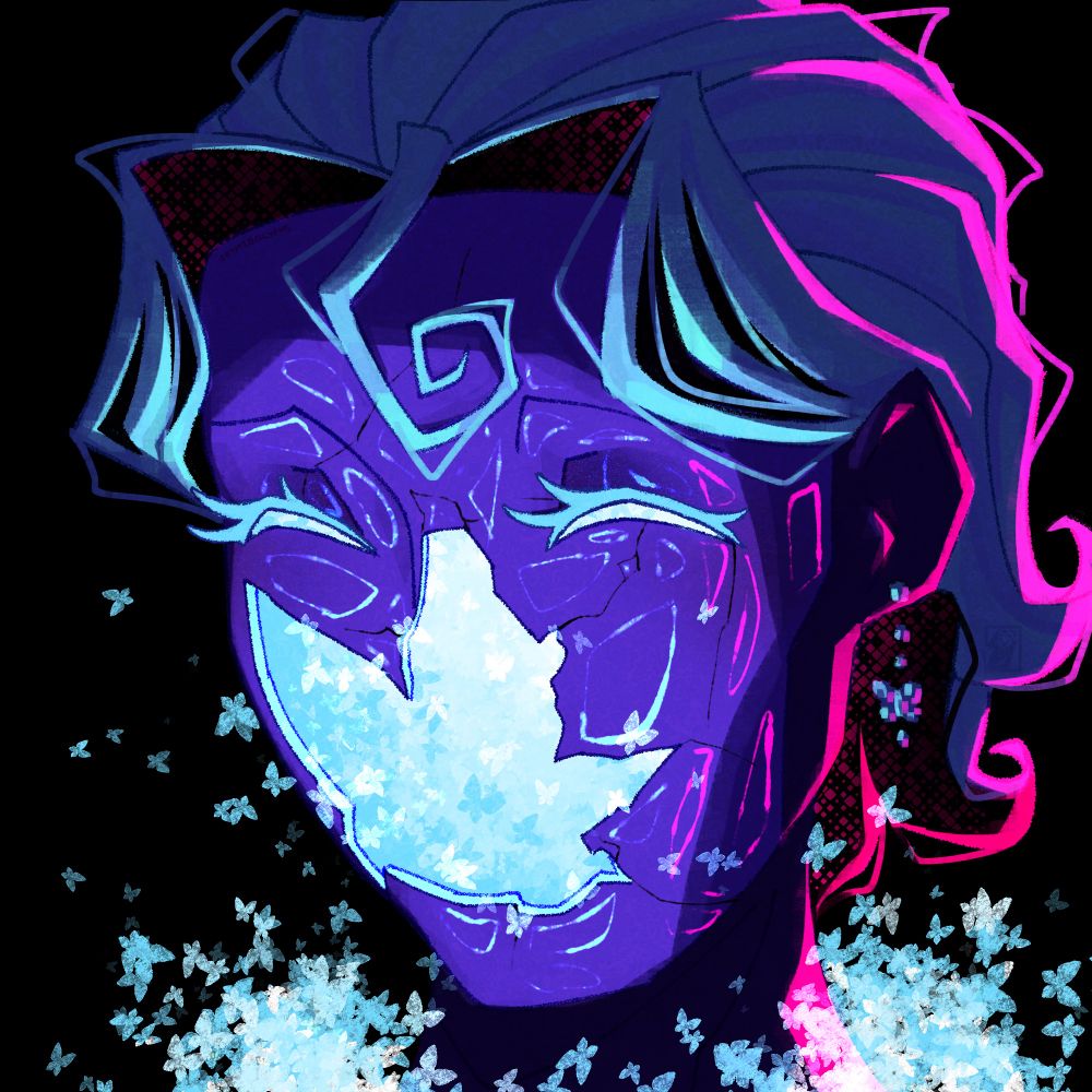 A woman with short slicked back white hair, wearing a smiling purple porcelain mask. Around where her mouth would be, the mask is broken. The shattered hole opens up to a glowing mass of butterflies inside. 