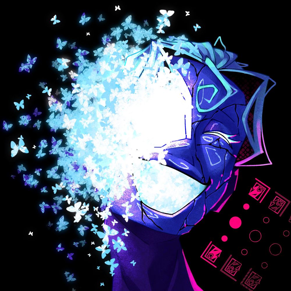 The same woman, slicked back white hair, purple smiling porcelain mask. This time her mask is broken open on the entire right side of her face. The same glowing mass of butterflies is spilling out of the hole.