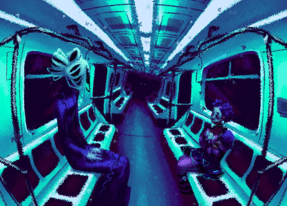 A textured, digital painting of two figures in a public transport train. The point of view is looking down the train car, which twists like a spiral and fades into darkness near the end. In the darkness, two faint bright points can be seen, alluding to eyes. On the right row of seats sits a black teen girl. She has her hair pulled up into two puffs on either side of her head, and wears a relatively gothic dress. Her face is painted white, reminiscent of a skull. She has her arms crossed, and looks unimpressed. Across from her sits a much taller, lanky figure with its white hair tied up into a big bow. The hair falling around its face obscures it completely. It wears a monotone, full length black dress. It has its hands folded neatly in its lap. 