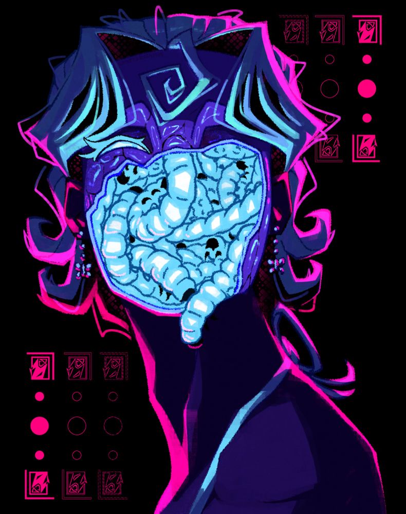A woman with short slicked back white hair, wearing a purple porcelain mask. The eye that remains is smiling. The bottom half of her face, where her mouth would be, the mask is broken, up to her left eye. The shattered hole opens up to a glowing mass of caterpillars inside.