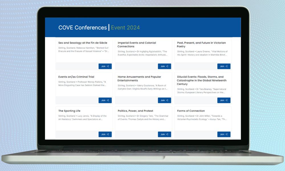 A digital image of a laptop featuring the COVE Conferences website displaying nine virtual panels on the screen.