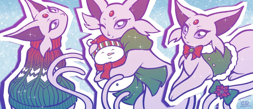 An Espeon is portrayed three times on a snowy background: first one is wearing a red and green sweater, second one is wearing a green long scarf while hugging a snowman plush, third one has a short green and white mantle closed with a red bow.