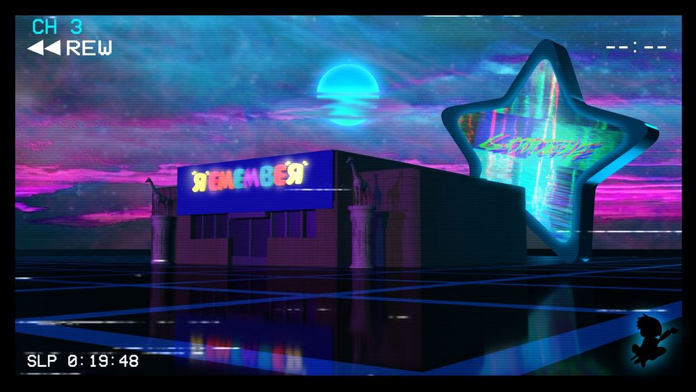 An image of an abandoned store in a surreal, neon world. There is a glitchy star shaped LED panel in the background with goodbye displayed in the text. The store has two giraffe statues out front with "REMEMBER" displayed on the storefront sign.