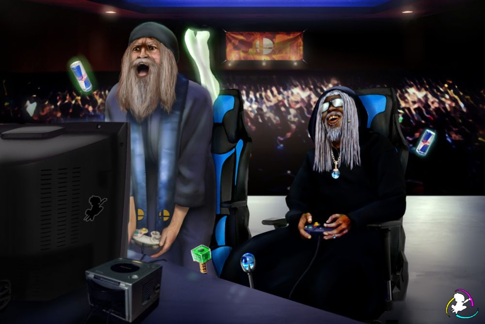 Two elderly wizards compete in grand finals of a Super Smash Bros Melee tournament. A fair skinned wizard with a long grey hair and a beard is wearing a blue robe, holding a silver gamecube controller, and shouting in disbelief at a CRT TV.  A glowing towel and can of energy drink floats beside him. A dark skinned wizard with grey locs with a single gold coil on one loc, a floating can of energy drink, sunglasses, black robe, black gamecube controller, and gold and blue pendant sits and laughs triumphantly  on the right side. Both wizards are on stage while a crowd watches them in a dimly lit tournament venue. Both wizards rest a green staff and blue staff against the table where a CRT TV and Gamecube are set up for the match.