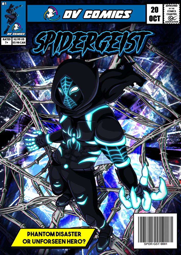 A comic cover of Spidergeist; an original Spider-Man in a black suit with a cowl and glowing blue accent colors. He is standing in the center of a giant web.