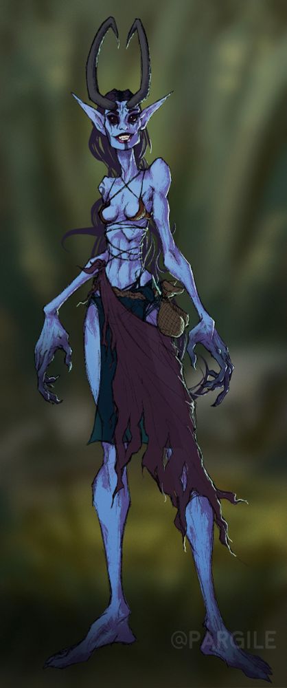 Niamh, my witch in a pf2e game set in Eberron, shh don't tell anyone. She's a swamp hag from the jungles of Xen'drik, used to be a drow but underwent some kind of weird ritual and a misunderstanding of Duskwalker lore that means she has died many times and come back a liiiiiittle bit more "wrong" each time. So she's now a 6 foot scarecrowey mass of bones and sinew with horns, who spews tar like stuff a lot and has a squidgey squirrel familiar. She's tall, skinny, blue, has a whole lot of hair that seems to keep itself in a vaguely braided formation, big thin horns, and a variety of stolen skirt like items. Her hands are too big and claw-like, tinging to black at the tips. Her feet do that too. Her eyes are big pools of aforementioned tarry stuff, that leak on occasion, giving her multiple ways to spew the substance to everyone around her's disgust. She's fun to play c: