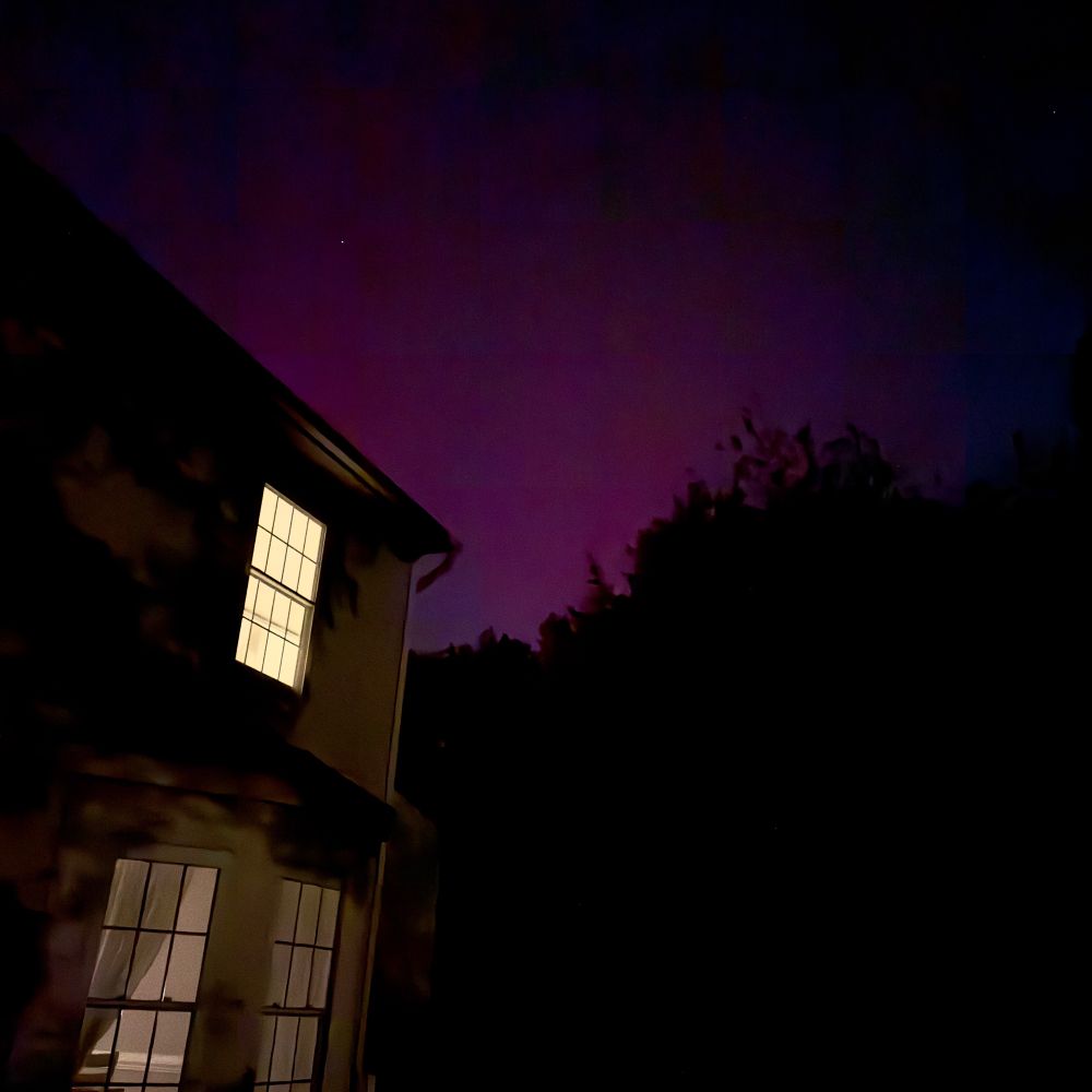 A pinkish purple glow of aurora above trees at night.