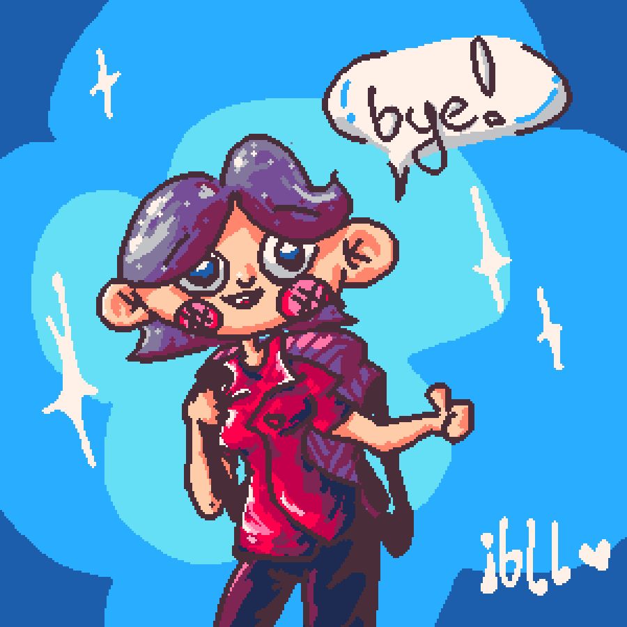 High density pixel art. A cartoon stylised woman with purple hair and a backpack showing a thumbs up. She says "bye!" A fluffy blue background with sparkles surrounds her.