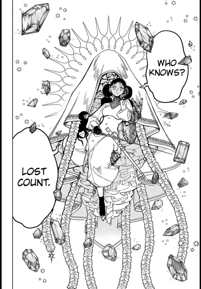 A page from the manga “Ichi the Witch” showing the character Desscaras floating in the air surrounded by her magic stones and other abilities. The first speech bubble on the right says “Who knows?” and the second speech bubble on the left says “Lost Count.”