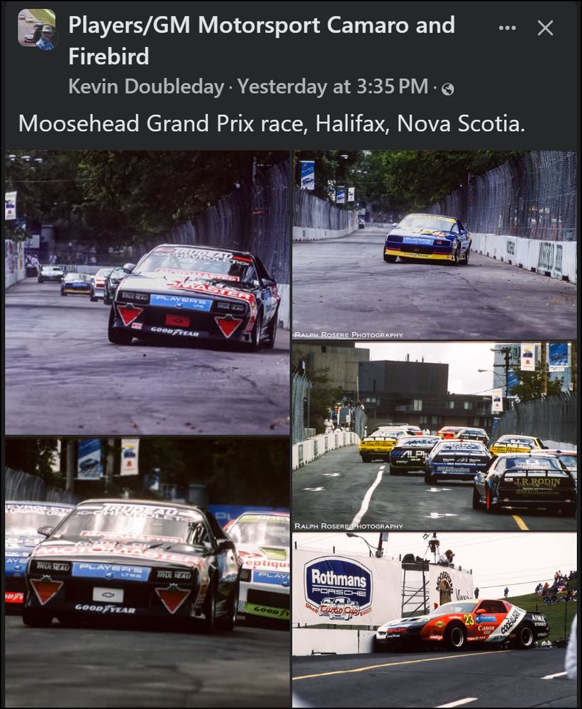 Screengrab of Facebook "Players/GM Motorsport Camaro and Firebird" group post containing photos of race on the streets of Halifax, NS - sponsored by Moosehead Beer