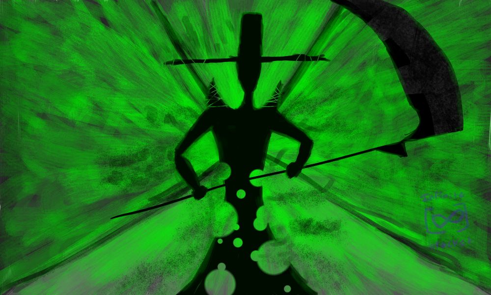 Very green and guy with scythe be standing there