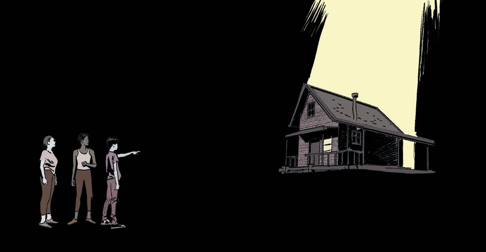 Three teens point to a mysterious cabin in a black void.