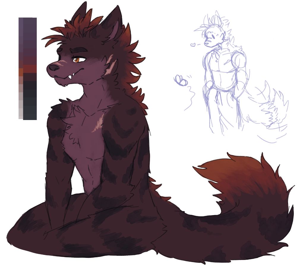 Colored sketch of a concept of Tirano who is a extra scruffy wolf mix (he has some "primordial" blood called Lycan- or Dire- wolf). He's extra tall and has some muscle to him. His fur colors have a palette reference to the left in shades of red, purple, and orange. There's some dark and duller almost arrow or C shaped striped markings around his body.

On the right is a doodle sketch of Tirano standing in PJ pants quietly admiring a butterfly fluttering by.