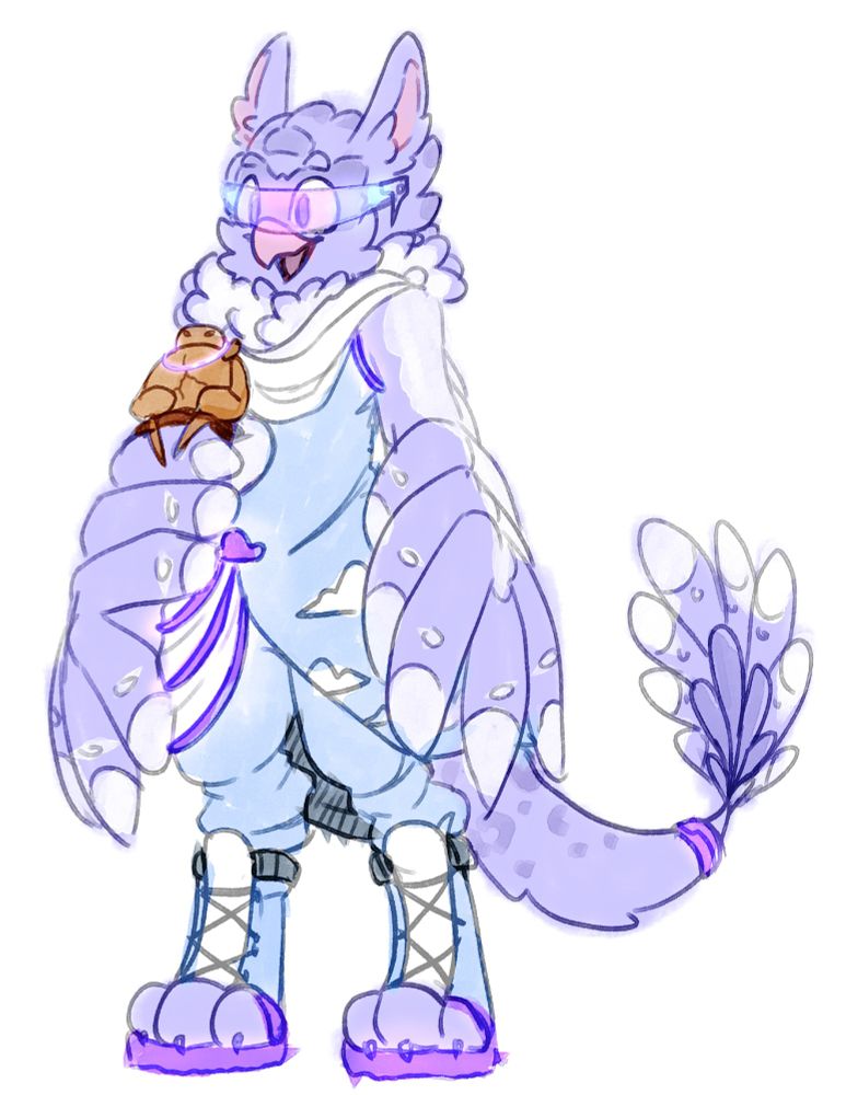 Periwinkle the griffin center focus profile full-body stands with an excited expression. They're a light periwinkle and white colored anthro Griffin with wingarms, wearing sky blue and white robes with luminescent indigo-purple accents with little cloud accents. Their paws are in hightop sneakers which their pawbeans poke out from and there's a jelly sole to them. They're also wearing a glowing luminescent visor  of blue and pink. 
Whistlepot, a bronze-terracotta teapot-esque golem is contentedly sitting on Peri's right hand with a purple glowstick bracelet around their neck.