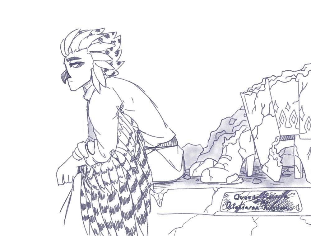 B/W sketch of a humanoid avian NOT FURRY (Tierien to be specific, check out @the0wlchemist.bsky.social if you're curious!) sitting on what remains of a statue foundation. The statue is long crumbled but you can see part of a sword, a dress, and some boots. A deliberately scuffed and damaged plaque says "Queen Morana of the Glassaran Kingdom" 

Avvenire seems to be staring into the lower distance, lost in thought.