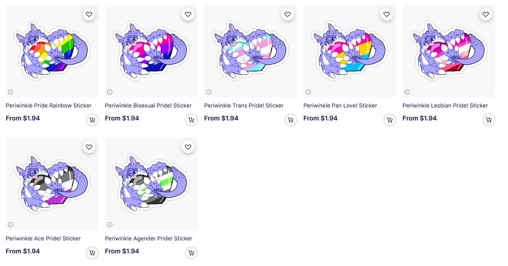 A screenshot of the same Periwinkle griffin in the previous image, but the heart is recolored into a small selection of the different pride flags that exist. Listed are Peri with the gay pride colors, the bisexual colors, the trans colors, the pan colors, the lesbian colors, the asexual colors, and the agender colors. This is a screenshot of the stickers available on Redbubble!