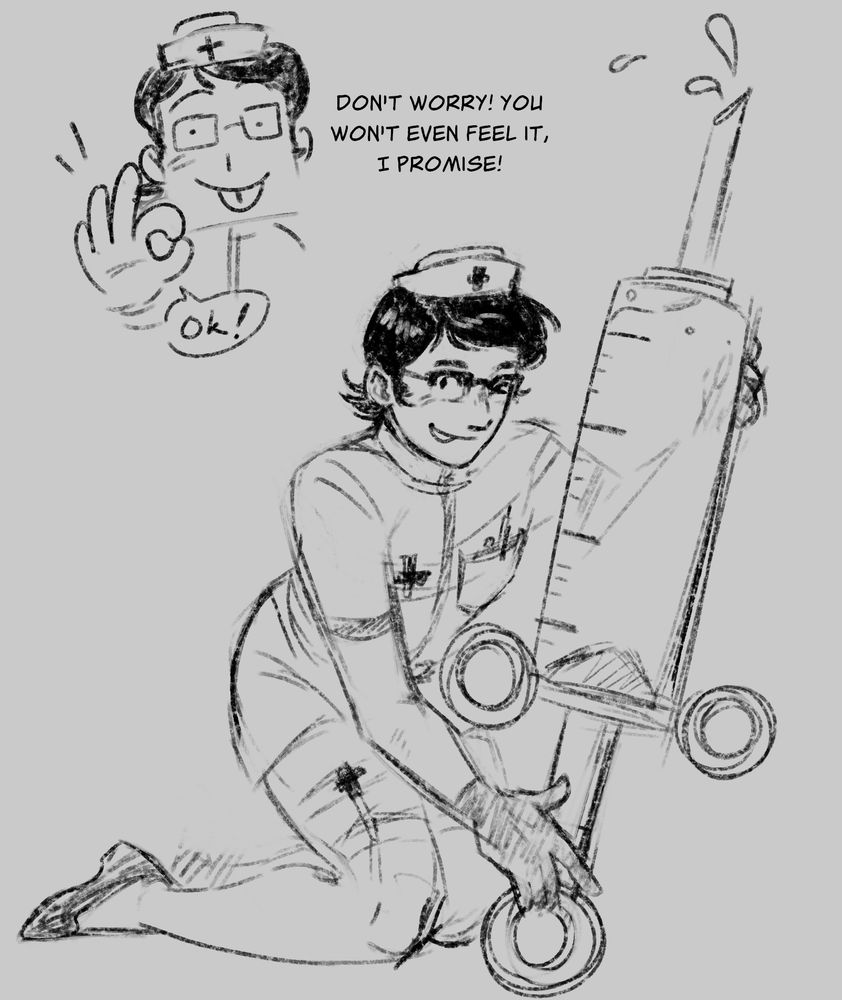 Kei Kisaragi wearing one of those stupid "sexy" nurse costumes. He is holding a comically large syringe.