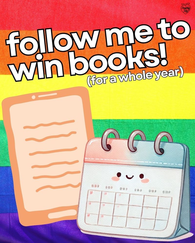 a graphic with a rainbow background, a simple tablet and calendar on top. Text reads "follow me to win books (for a whole year)"