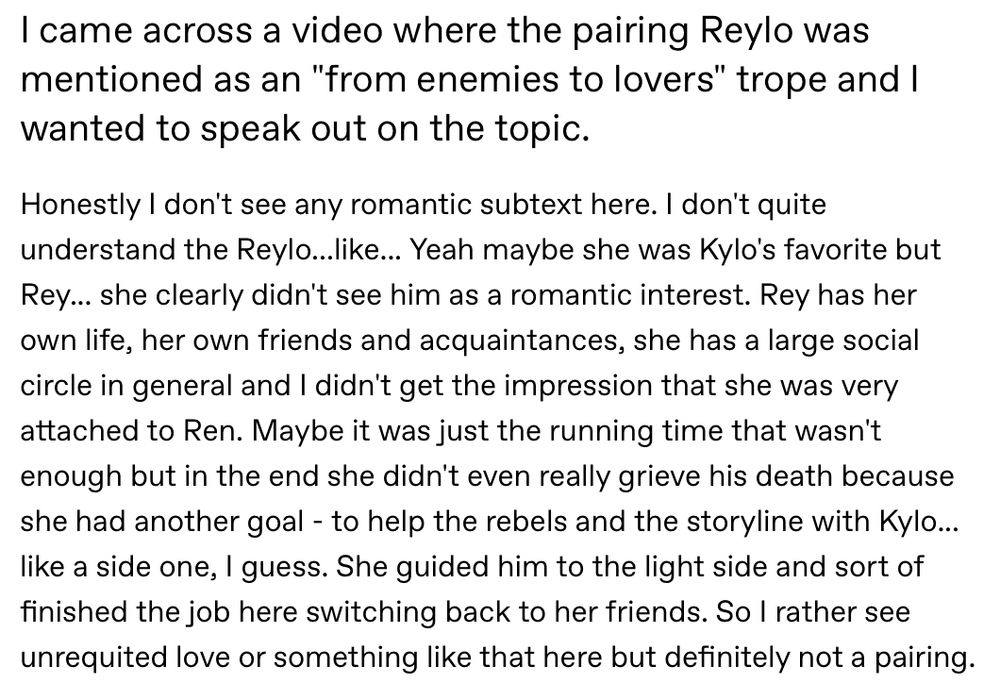 A bad take complaining about not see the reylo in the new Star Wars movie as if Star Wars Episode 8 The Reylo Episode doesn’t exist or some shit