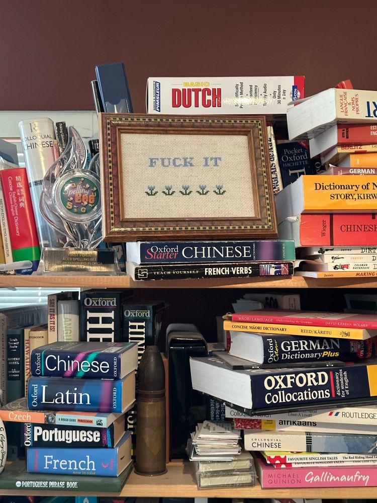 A very messy set of shelves with dictionaries from many languages, and, on the top shelf, resting on two dictionaries, a framed cross-stitch that says FUCK IT