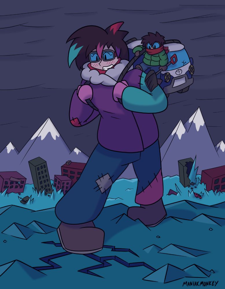 Apocalypse AU drawing of Patches and Kit. Patches is carefully traversing a frozen wasteland as ice cracks underneath her feet. Kit is leaning on her should and holding onto her backpack/van.