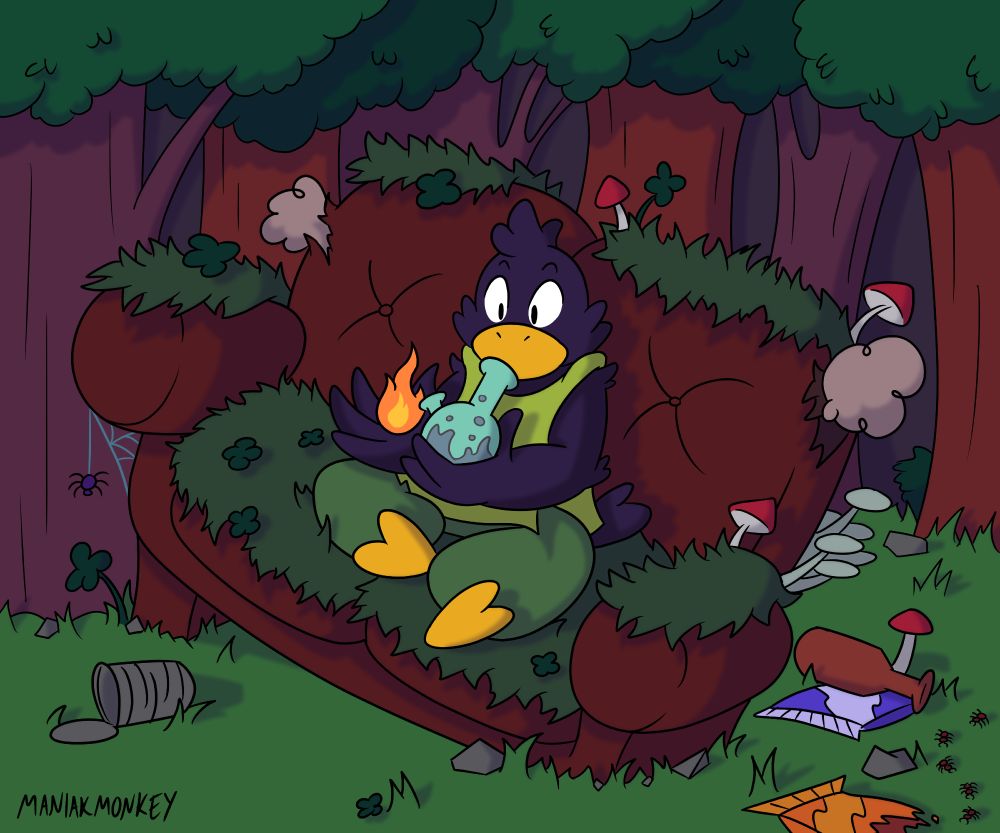 Marley the Kenku druid, sitting on an abandoned couch in the middle of a forest. He is smoking weed from a bong which he is lighting with his druid magic. The couch is torn, covered in moss and other plant life. Garbage from other adventurers litters the forest floor.