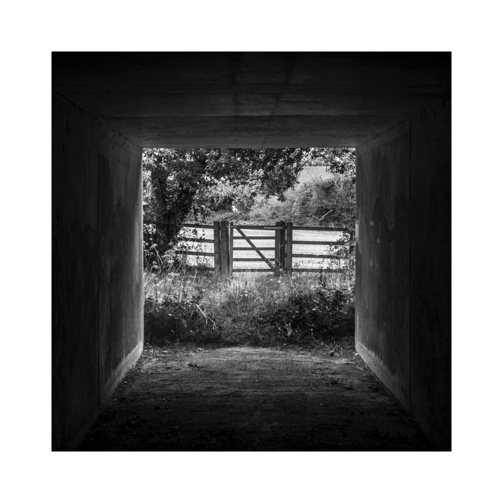 A black and white image of an underpass underneath the M40 motorway. There is a scene with a wooden gate framed by the concrete walls of the tunnel. © Damian Ward 2022. 