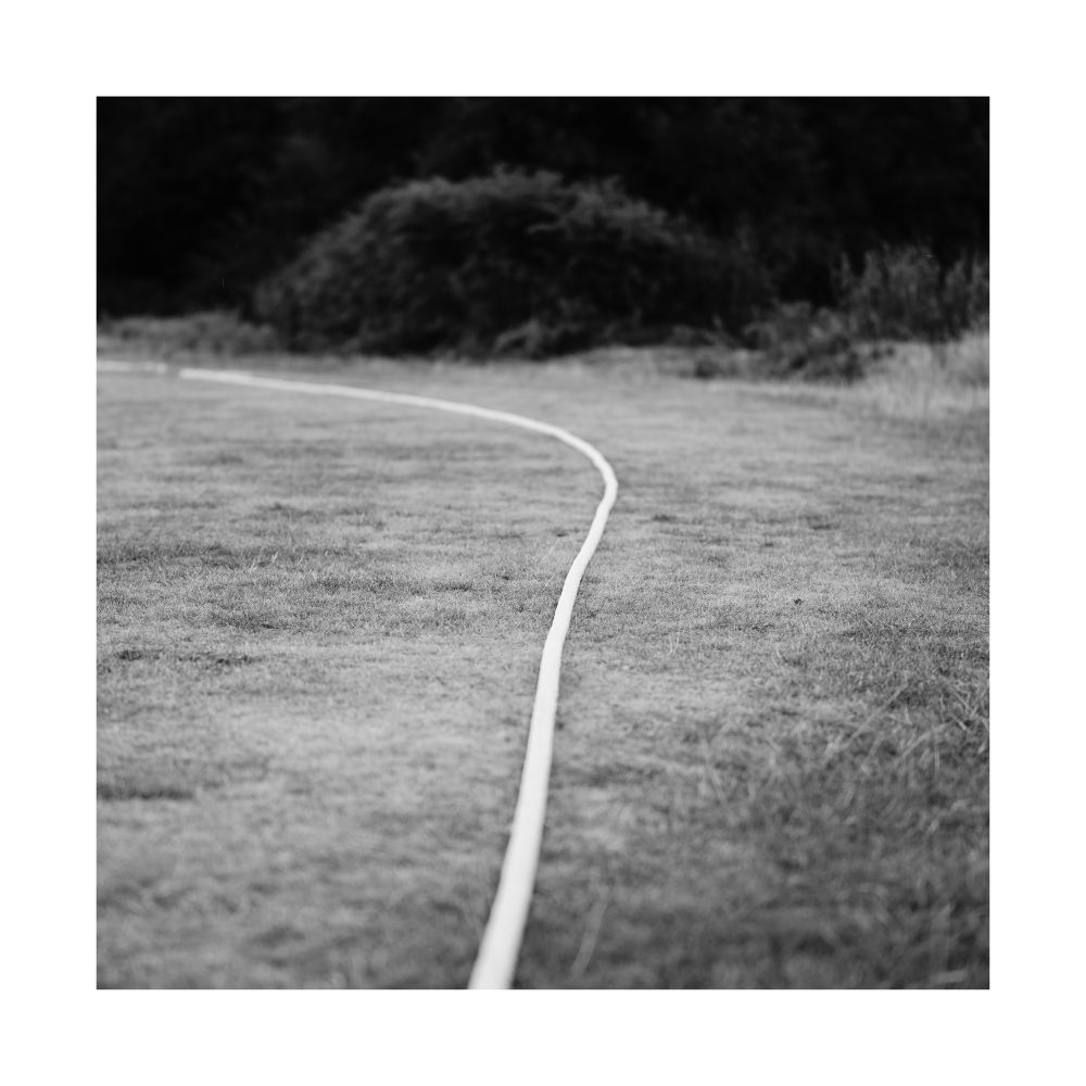 A black and white image of a white rope that marks the boundary of a cricket pitch, on a village common in Buckinghamshire. The rope is curved and the elements around it are short-cut grass and a dark background with an unkept mound of vegetation. © Damian Ward 2025. 