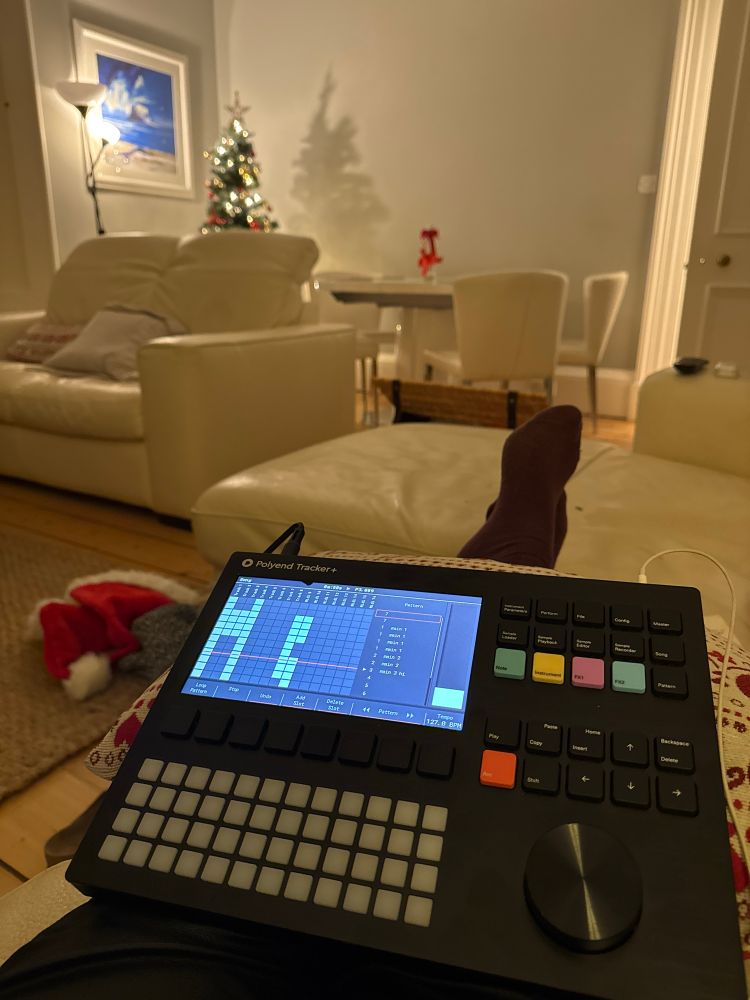 A polyend tracker. A black box device of many buttons and an LVD screen 