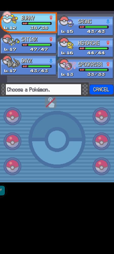 BUNNY - lv 12 - Buneary
SHTINX - lv 17 - Luxio(?)
ONYX - lv 17 - Onix
SRONC - lv 15 - has evolved since this screenshot but I forgot the evolved version of it
HEADACHE - lv 16 - Psyduck
SPOOKS(T)ER(I mistyped) - lv13 - Gastly