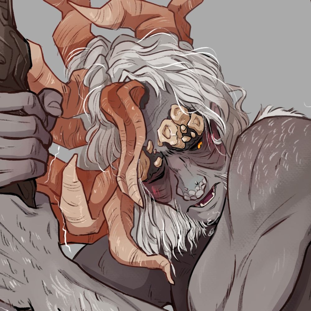 close-up of morgott's flushed expression as he grips his staff (while his ass is gripping a different kind of staff....)