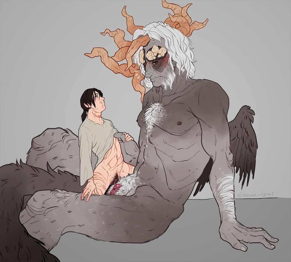 nsfw fanart of Morgott and Raine (Null's Tarnished-esque OC (he/him)). A flustered Morgott is sitting with his hips angled toward Raine, who straddles him on top with a soft smile.