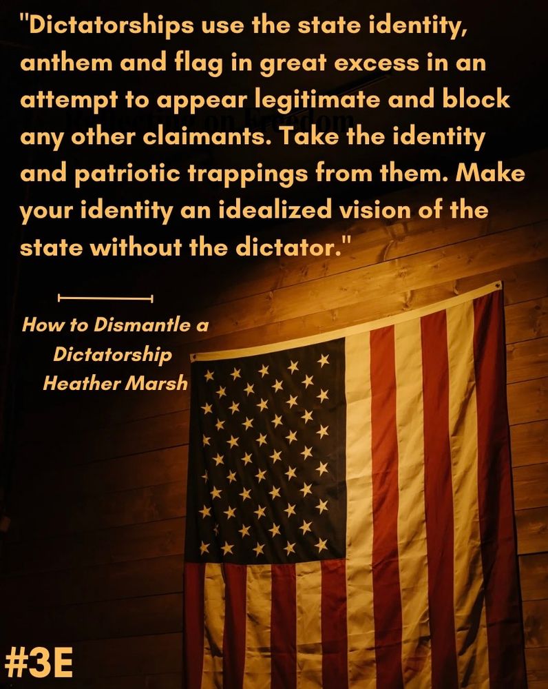 use the state identity, anthem and flag in great excess in an attempt to appear legitimate and block any other claimants. Take the identity and patriotic trappings from them. Make your identity an idealized vision of the state without the dictator.