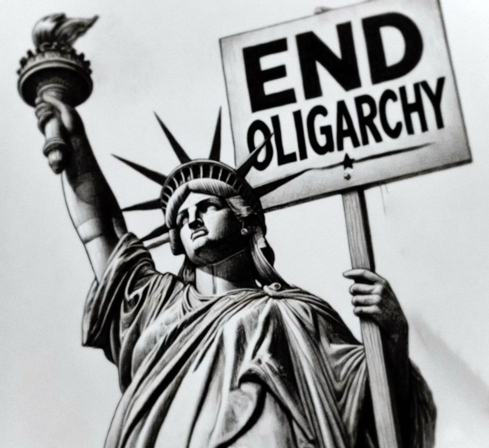 Drawing of Statue of Liberty holding a protest sign that says end oligarchy 
