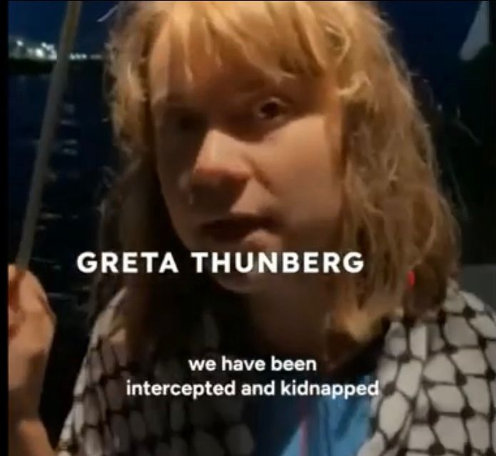 Greta video screenshot telling us they have been kidnapped by Israeli forces 