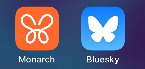 A screenshot of two apps, monarch, and blue sky, one of which is orange and has a butterfly, and one of which is blue and has a butterfly
