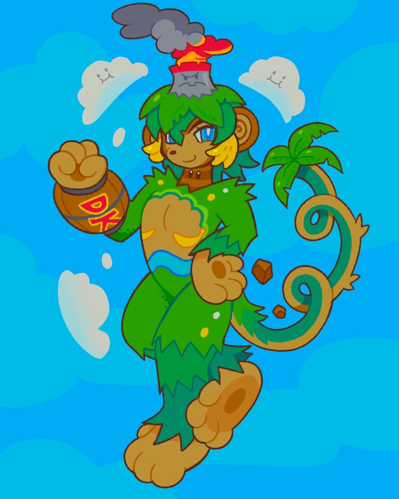 A green anthropomorphic monkey resembling the DK Mountain track from Mario Kart: Double Dash!! They have green fur and green hair in the shape of palm leaves, as well as side bangs shaped like yellow bananas. On top of their head is a volcano with a frowny face that is erupting in smoke. They have a barrel-shaped canon on their arm with the letters "DK" written in red. They have yellow top surgery scars shaped like bananas and a blue river-shaped marking on their stomach. Their tail is curling like a race track and has palm leaves at the end, as well as falling rocks over top. The background is blue with smiling white clouds and light-blue clouds.