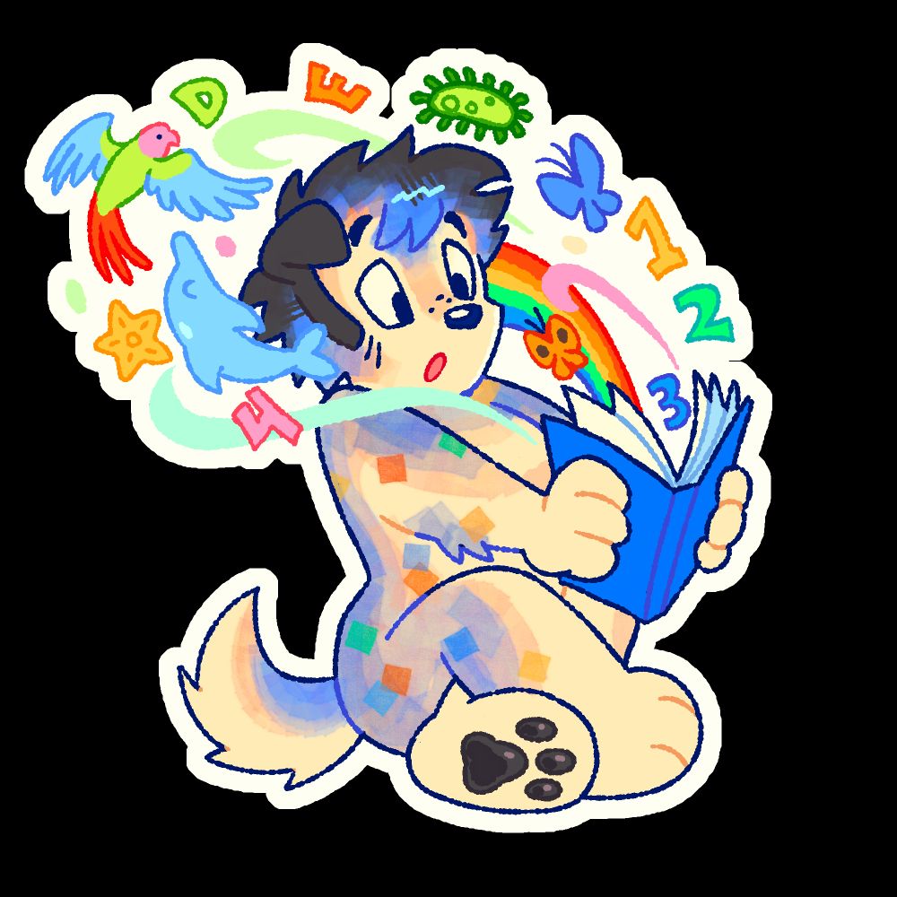 A chibi of a tan, blue and black anthropomorphic dog, K.O., reading a blue book with an awestruck expression on her face. Various multicolored images are flying out of the pages towards her, including numbers, letters, orange and blue butterflies, a rainbow, a green amoeba, a blue dolphin, a yellow starfish, and a rainbow parrot. He is sitting cross legged and holding the book at arm's length, amazed by what he's seeing.