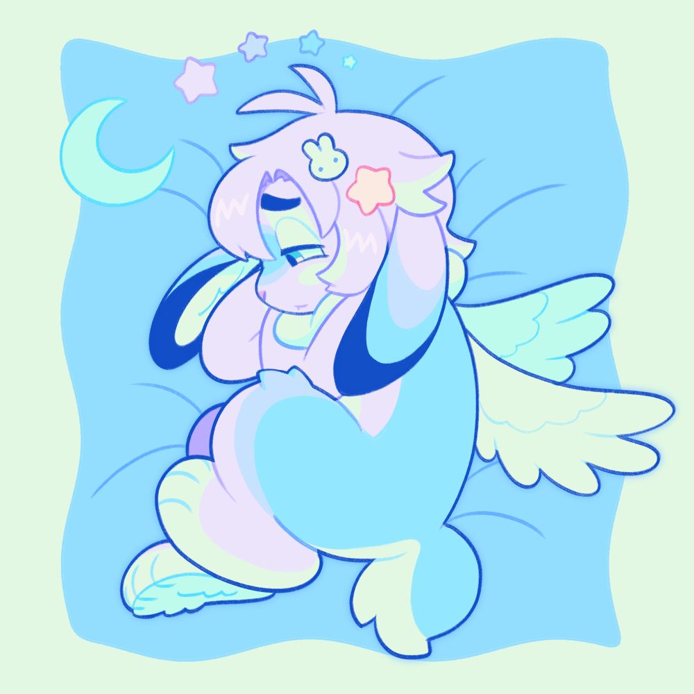 a drawing of a purple and blue rabbit character with white wings lying on their side on a blanket. they have a yellow star hairclip, and a white bunny hairclip in their hair. there is a blue moon and pink, purple, and blue stars above their head.