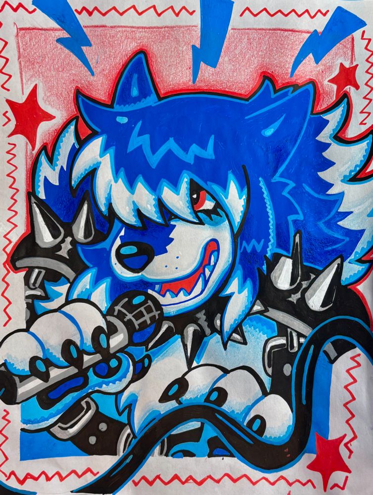 a dark blue anthropomorphic wolf drawn with Posca pens. she is singing into a microphone, and is wearing various black, spiky leather harnesses. her hair is mostly covering her eyes, but a red eye peeks out from her bangs. the background is red crayon with red stars and blue lightning bolts.