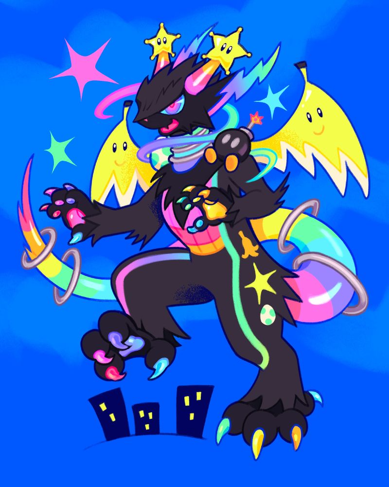 A black anthropomorphic dragon stomping over a city, resembling the Rainbow Road track from Mario Kart: Double Dash!! They have rainbow, lightning-shaped ears, rainbow horns with power stars at the end, a Bob-omb and a Yoshi egg on their shoulders, and banana peel wings. There is a rainbow racetrack swirling around their head, and their tail, claws, and eyes are rainbow as well. 