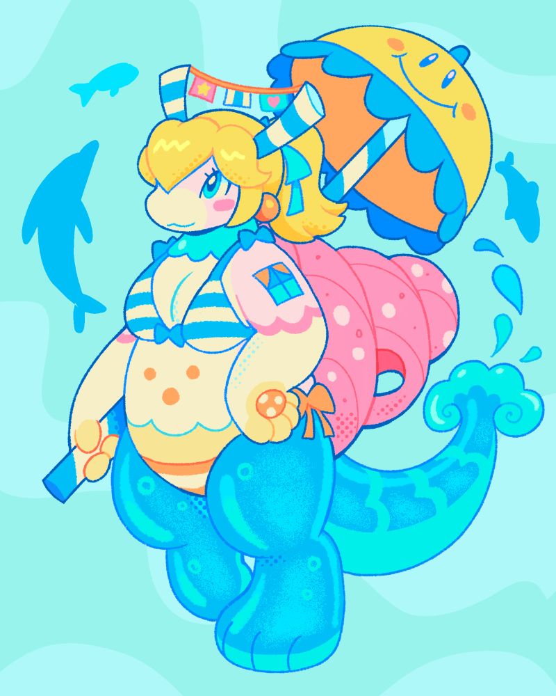 An anthropomorphic sea snail resembling the Peach Beach track from Mario Kart: Double Dash!! They are light pink with yellow hair tied back in a ponytail with orange earrings, a blue-striped bikini top, and an orange-striped bikini bottom. They have a pink spiral shell, blue-striped horns with a clothesline between them, and blue watery legs. Their tail resembles a water spout. They are holding a yellow smiling parasol. They have a window-shaped marking on their left shoulder.