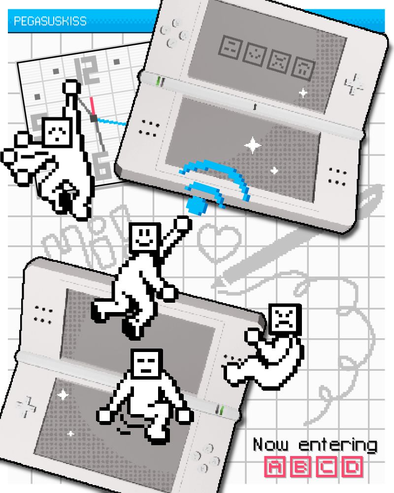a collage-style piece with 2 white 3D-modeled Nintendo DS Lites and 4 pixel-style pictochat characters interacting with the background, which includes symbols reminiscent of the DS home screen. in the background is a clock, some doodles including a stylus, a scribble, a heart, and the word "Hi!". The text in the corner reads "Now entering A B C D," referring to the Pictochat lobbies. each Pictochat character is an emote from the DS keyboard. 
(I modeled the nintendo DS's myself! everything here is made by me except for the clock, which is from the DS home screen.)