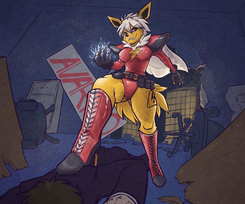 A drawing of the inside of an office or conference room. The wall in the background has had a large hole blown in it, exposing 
a cityscape outside. Chairs are strewn about by the blast; a sign with a fictional corporation logo is knocked off the wall and resting
on the ground. A desk or table has been split in half. A man in a business suit is face down on the ground with an anthro jolteon in a 
red supervillain outfit and high heeled boots pressing a boot-heel to his back, giving him a vicious evil grin and channeling 
lighting through its hand in a threatening posture.